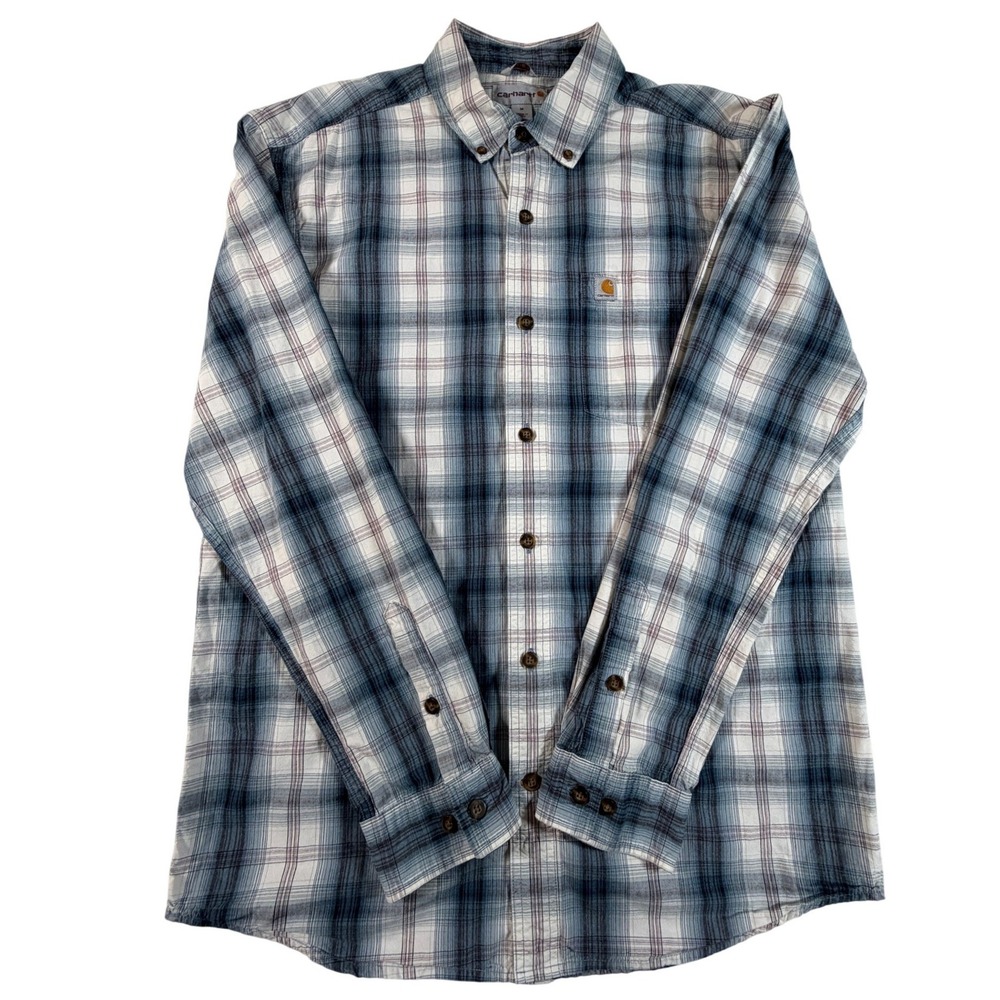 Carhartt Mens Medium Relaxed‎ Fit Plaid Button Down Shirt Blue White Long Sleeve